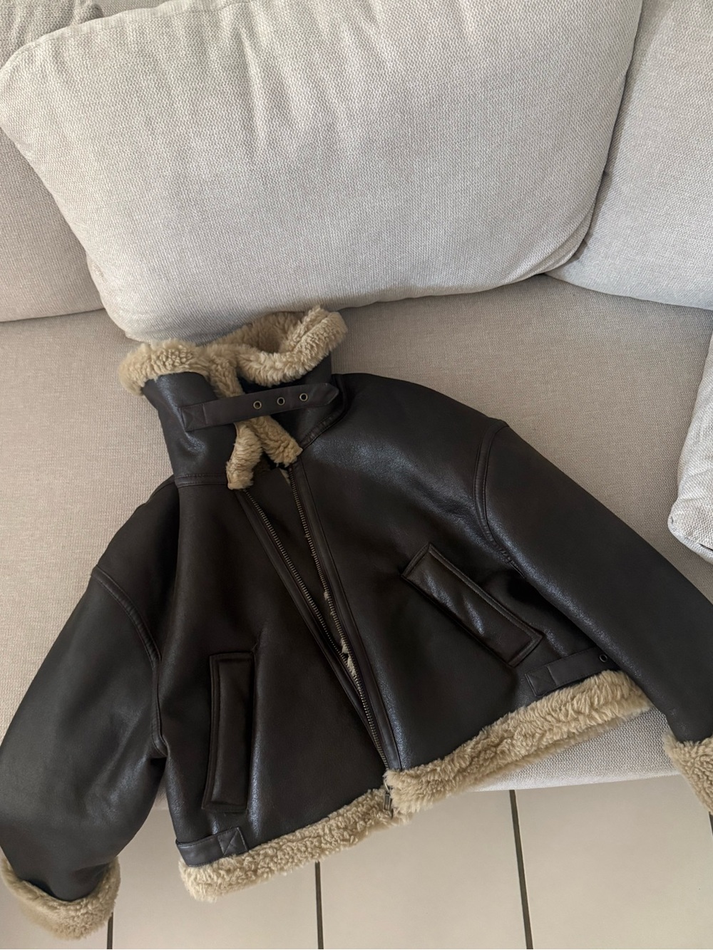 Zara Dark Brown Aviator Jacket with Cream Shearling Trim